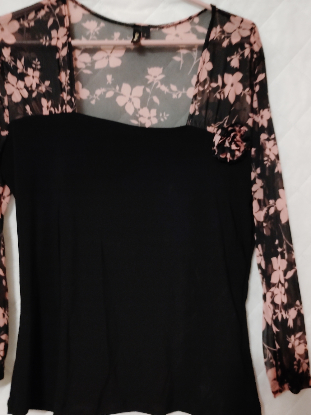 Black Long Sleeve Top with Pink Floral Sheer Sleeves